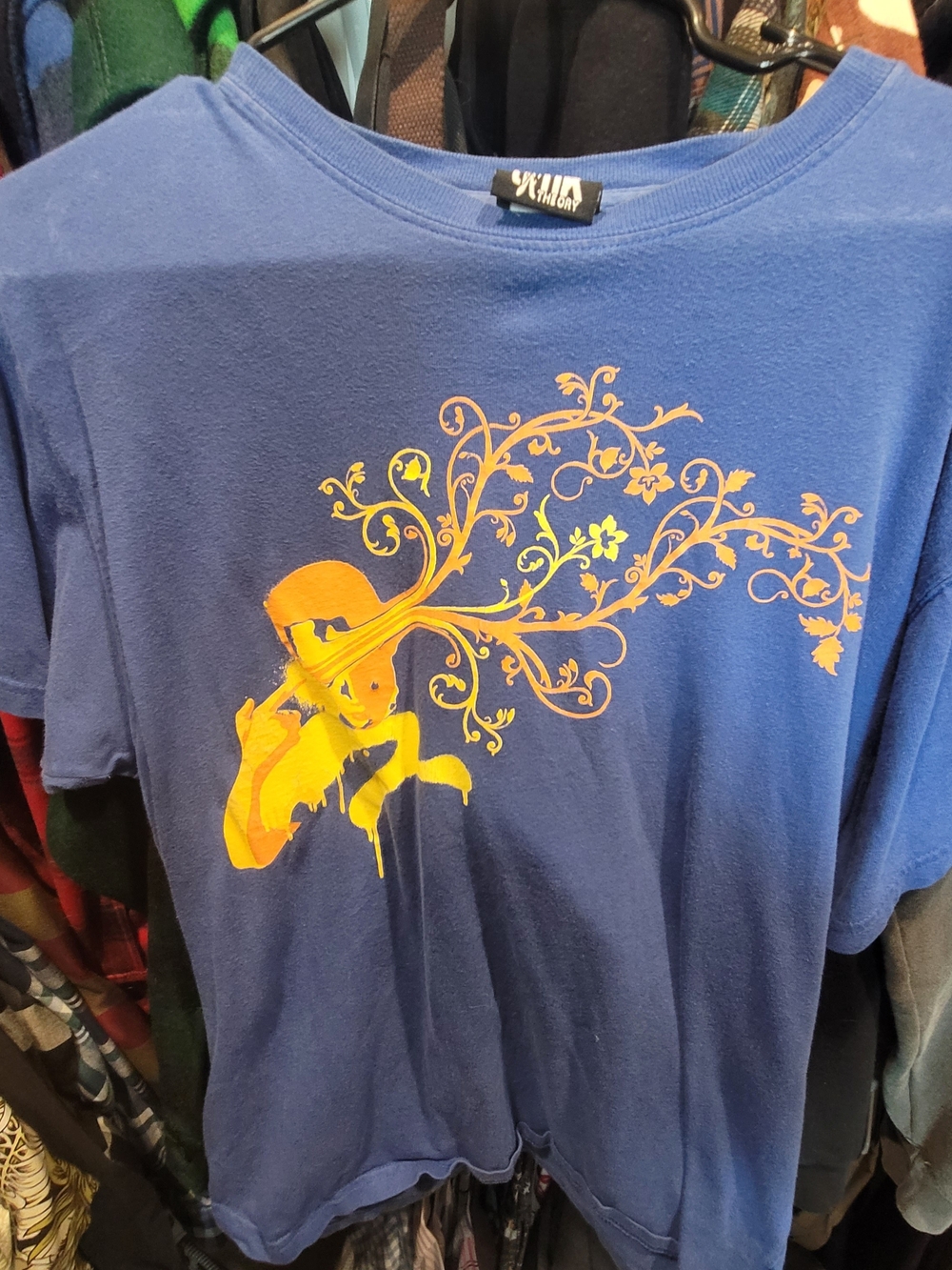 2000s Tank Theory Graphic Tee in Blue with Orange Floral Motif